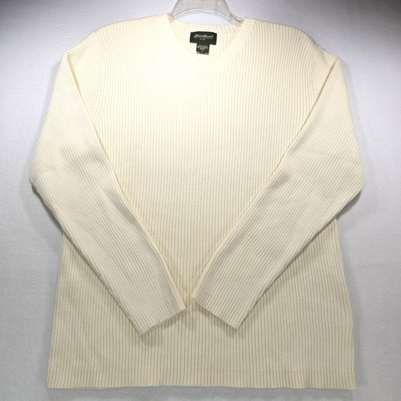 Eddie Bauer Other - Eddie Bauer Mens Large Cream Ribbed V-Neck Cotton Knit Long Sleeve Sweater
